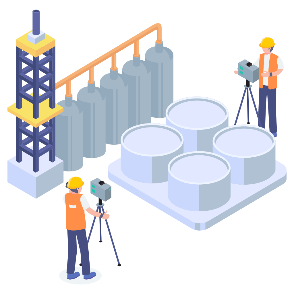explainer graphic showing 3d scanning teams capturing an oil and gas facility